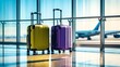© Khoira Studio - Two suitcases in the airport departure lounge  airplane in the blurred background  summer vacation concept  traveler suitcases in airport terminal waiting area