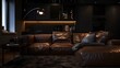 © EpochXstudio - Stylish bachelor pad living room dark masculine tone leather couch smart home features ambient lighting isolated white background