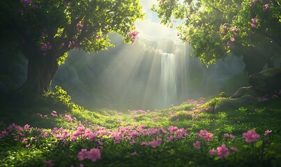 Leinwandbilder - A serene landscape featuring blooming flowers, lush greenery, and a waterfall illuminated by soft sunlight filtering through trees.
