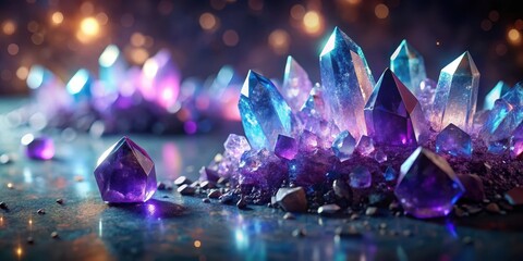 Wall Mural - radiant cluster of mystical gems glowing with ethereal light on dark surface