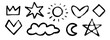 © vika_k - Black charcoal hand drawn shape set. Paint brush scribbled element collection. Pencil doodled childish sign and symbols. Rough sketched crayon cloud, star, heart, crown, sun, crescent. Vector