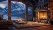 © EpochXstudio - Traditional wooden chalet living room large stone fireplace cozy fur rug panoramic mountain view warm lighting isolated background