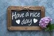 © PulseImages - Have a nice day chalkboard with flowers and wooden frame hanging on a wall