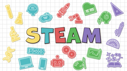 A pop and bright title design representing STEAM education. A symbol of learning science, technology, engineering, art, and mathematics.