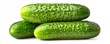 © STK - Three fresh green cucumbers arranged in a stack against a white background. The cucumbers are glistening with moisture, showcasing their texture.