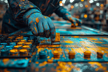 Wall Mural - a person practicing silkscreen printing in a studio splattered with colorful inks. concept of handma