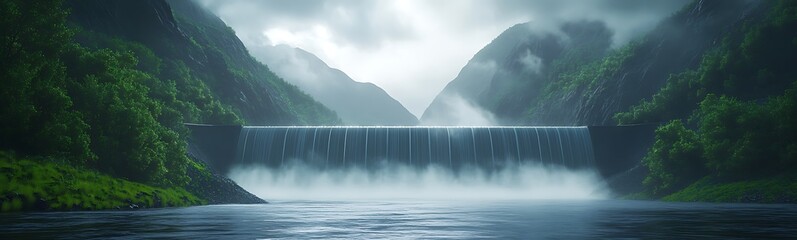 Poster - Majestic waterfall cascading through lush mountains under a dramatic sky.