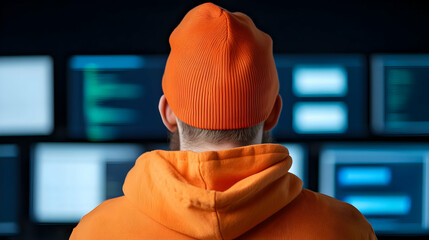 Man in Orange Hoodie and Beanie Focused on Multiple Computer Screens