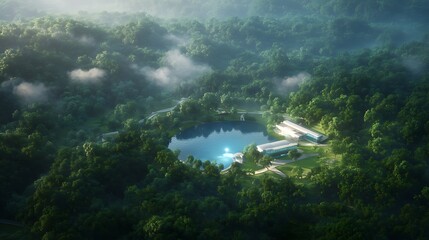 Aufkleber - Serene aerial view of a lake surrounded by lush greenery and misty mountains.