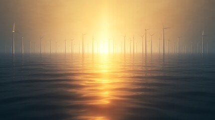 Poster - Vast sea with wind turbines silhouetted against a golden sunset, creating a serene atmosphere.