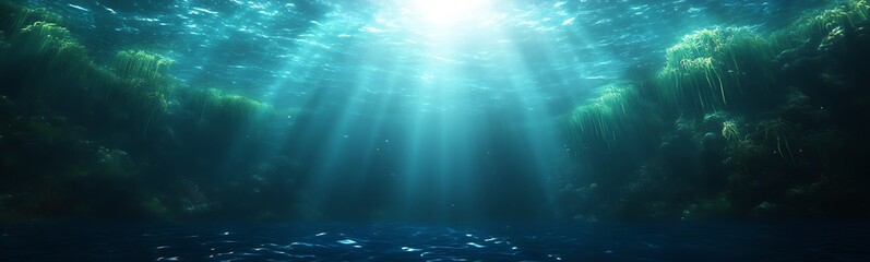 Poster - Underwater scene with sunlight filtering through water, revealing fish and marine plants.