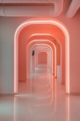 Aufkleber - Soft Minimalist Corridor Ethereal Peach-Toned Architectural Perspective Showcasing Geometric Design Innovation for Modern Workspace Transformation