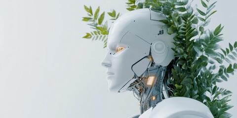 Aufkleber - Ethereal AI Convergence Minimalist Humanoid Robot with Organic Botanical Elements, Exploring Symbiotic Technology and Natures Innovative Design Landscape