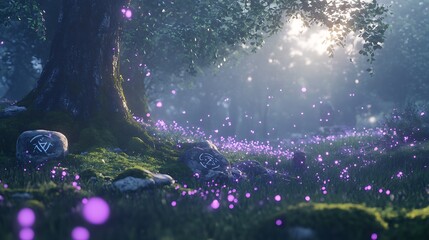 Leinwandbilder - A serene forest scene illuminated by soft light and dotted with vibrant purple flowers.