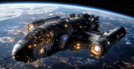 Wall Mural - A futuristic spaceship hovers above Earth, illuminated by city lights in the dark of night. The vessel features intricate details, highlighting its design and technology.