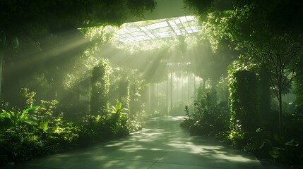 Poster - Lush green pathway leading to a light-filled entrance, surrounded by dense foliage and soft rays of sunlight.