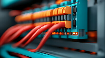 Wall Mural - close-up of colorful wires and connectors in teal and orange