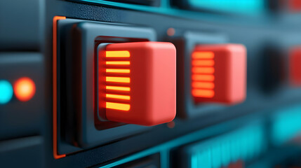 Wall Mural - close-up of glowing orange and red switches on a dark blue technology panel