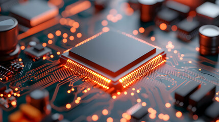 Wall Mural - close-up of glowing orange microchip on dark circuit board