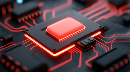Canvas Print - close-up view of a glowing red circuit board with a central microchip