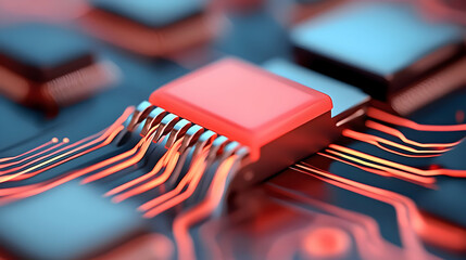 Wall Mural - close-up view of red and orange circuit board with microchips
