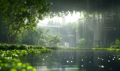 Poster - Serene landscape featuring lush greenery and tranquil water reflections.