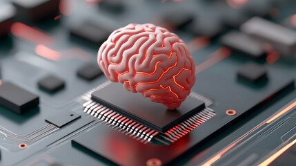 Canvas Print - glowing brain on microchip circuit board: artificial intelligence concept