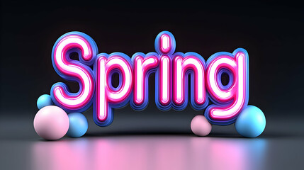 Wall Mural - glowing neon spring text with pink and blue spheres