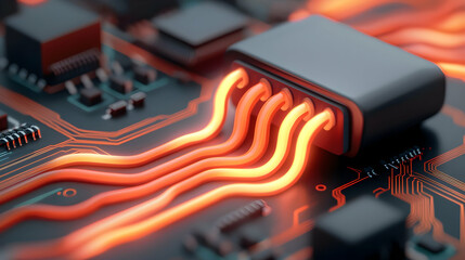 Wall Mural - glowing orange wires on a digital circuit board