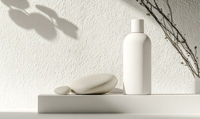 Aufkleber - Minimalistic design featuring a white bottle and smooth stones creating a serene aesthetic in natural light : Generative AI