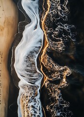 Poster - Aerial View of Waves Gently Rolling onto the Shore Capturing Natural Beauty of the Ocean : Generative AI