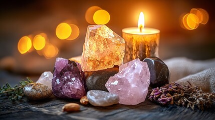 Poster - Beautiful arrangement of various colorful crystals with candlelight creating a warm ambiance : Generative AI