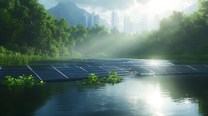 Poster - Lush landscape with solar panels reflecting in a serene lake, surrounded by mountains and city skyline.