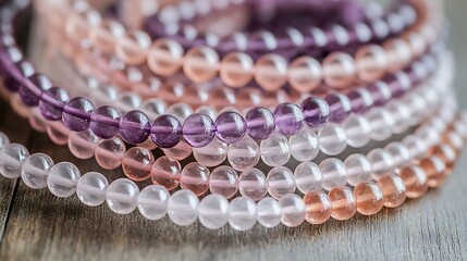 Poster - Elegant Stack of Colorful Glass Beads in Shades of Pink and Purple on Wooden Surface : Generative AI