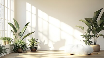 Aufkleber - Bright and airy interior with potted plants creating a serene and stylish living space design : Generative AI
