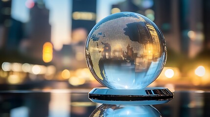 Poster - Crystal Globe on a Reflective Surface with Urban City Lights in the Background Capturing a Modern Travel Aesthetic : Generative AI