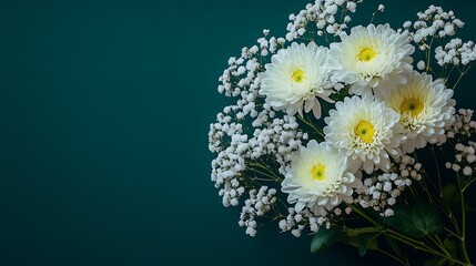 Poster - Stunning bouquet of white chrysanthemums and delicate baby breath on a dark teal background : Generative AI