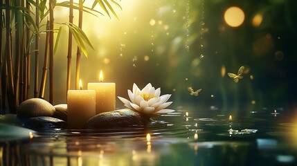 Aufkleber - Serene water scene featuring floating candles and lotus flowers surrounded by lush greenery and soft light : Generative AI