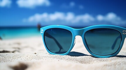 Poster - Stylish blue sunglasses resting on sandy beach with ocean and sky in the background : Generative AI