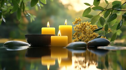 Poster - Tranquil Scene of Yellow Candles and Flowers Resting on Still Water Surrounded by Greenery : Generative AI
