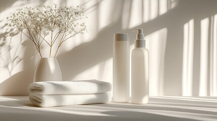 Aufkleber - Minimalist scene featuring elegant skincare products with soft towels and delicate flowers in natural light : Generative AI