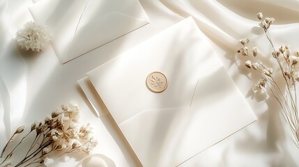 Poster - Elegant stationery with natural textures and wax seal surrounded by delicate flowers : Generative AI