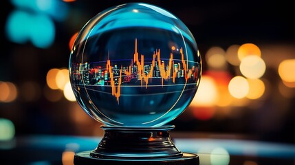 Aufkleber - Crystal ball capturing financial stock market data with a vibrant city background and blurred lights : Generative AI