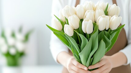 Poster - Elegant Hands Holding a Beautiful Bouquet of Fresh White Tulips in a Bright Setting : Generative AI