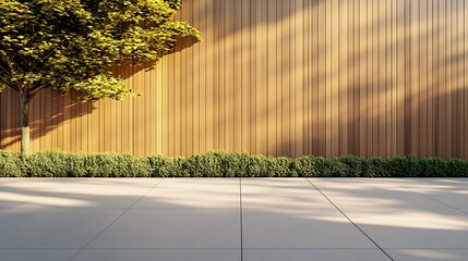 Poster - Stylish outdoor space featuring a wooden wall and lush greenery providing a serene environment : Generative AI