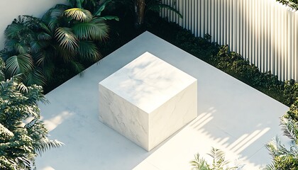 Fototapete - Top view of a pristine white cubic structure amidst tropical plants in a serene outdoor setting : Generative AI
