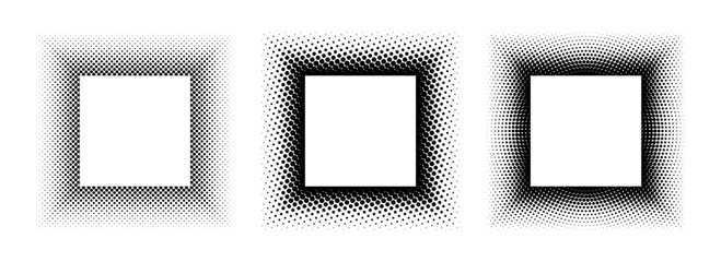 Black halftone square frame set. Dotted gradient border collection. Pop art comic dot picture holder design for banner template, emblem, poster, box, copy space. Vector rasterized framing element pack