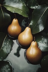 Poster - Vibrant display of three golden pears amid lush foliage in a calm reflective water setting : Generative AI