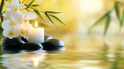 Poster - Elegant composition of beautiful orchids with a glowing candle and polished stones on calm water : Generative AI