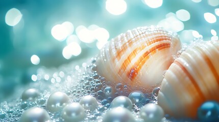 Aufkleber - Close-up of seashells surrounded by pearls and bubbles reflecting gentle ocean waves for a serene beach vibe : Generative AI